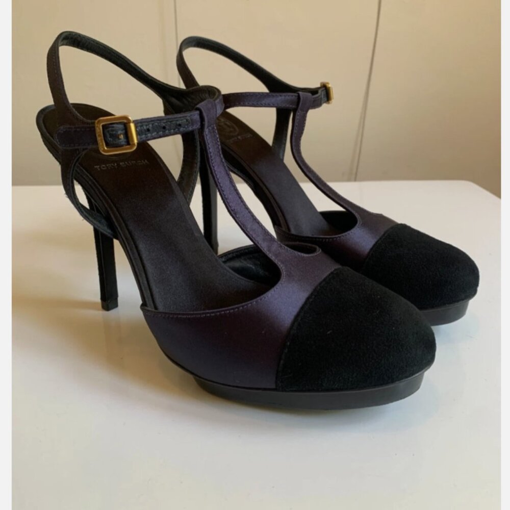 Tory Burch Black Leather & Suede Closed Toe Stiletto Heel